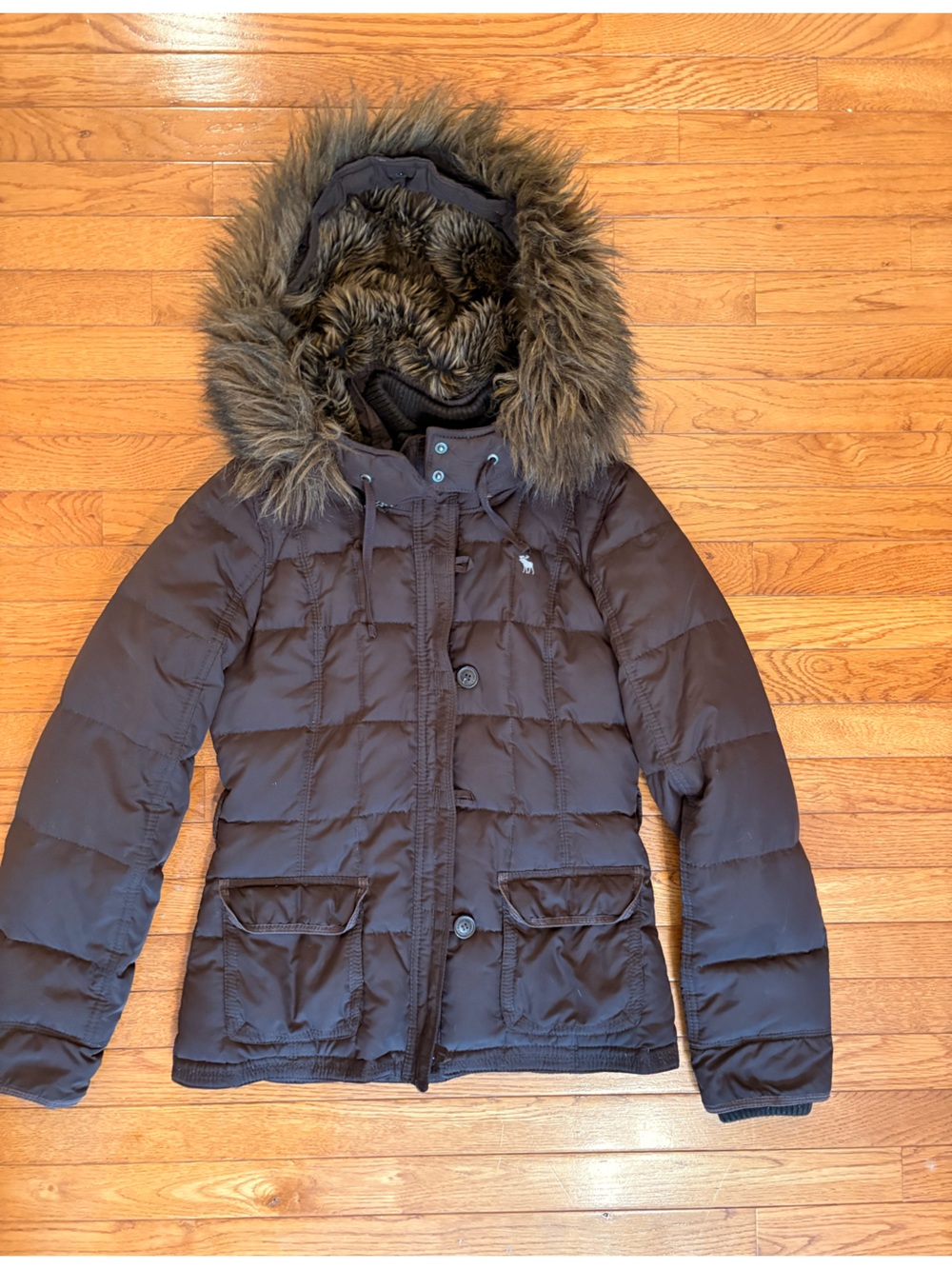 Abercrombie & Fitch Vintage Y2K Women L Brown Down Puffer Jacket w Faux Fur Hood - Picture 4 of 16